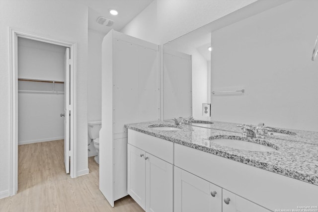 9063 Rancher, Seguin, TX 78155 - bathroom featuring wood finished floors, toilet, double vanity, and a walk in closet