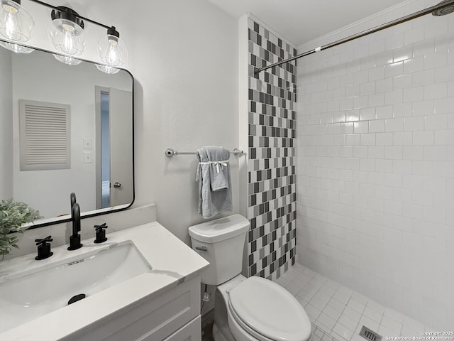 4015 Ramsgate, San Antonio, TX 78230 - bathroom featuring a tile shower, toilet, and vanity