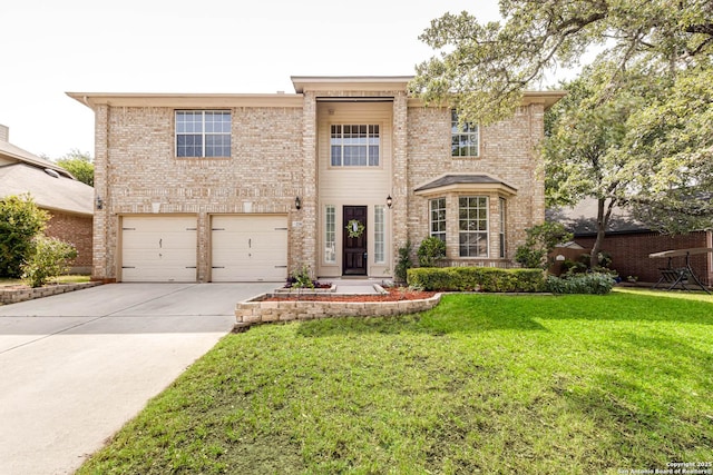 21746 Luisa, San Antonio, TX 78259 - view of front of house with concrete driveway, a front lawn, an attached garage, and brick siding