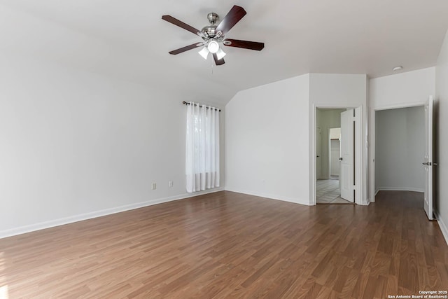 21746 Luisa, San Antonio, TX 78259 - empty room featuring a ceiling fan, wood finished floors, baseboards, and lofted ceiling