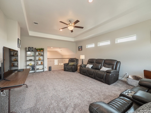 1006 Rock Shelter, San Antonio, TX 78260 - living room with a ceiling fan, carpet floors, a raised ceiling, and recessed lighting