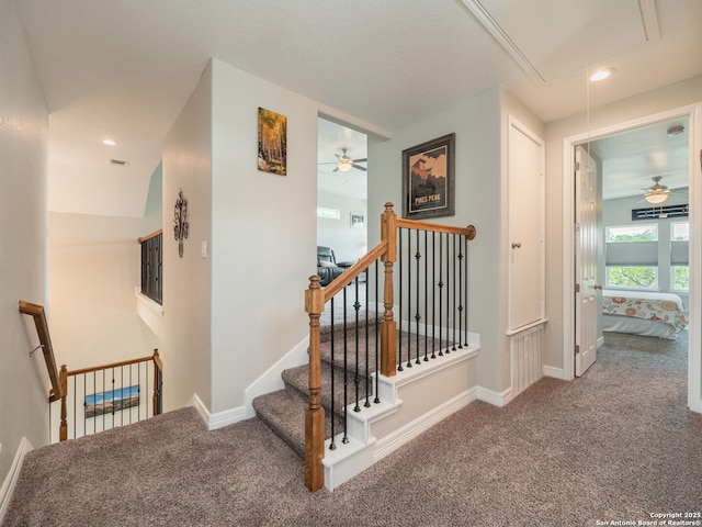 1006 Rock Shelter, San Antonio, TX 78260 - staircase featuring attic access, carpet, ceiling fan, baseboards, and recessed lighting