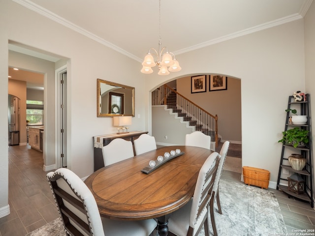 1006 Rock Shelter, San Antonio, TX 78260 - dining room featuring stairs, arched walkways, ornamental molding, baseboards, and a chandelier