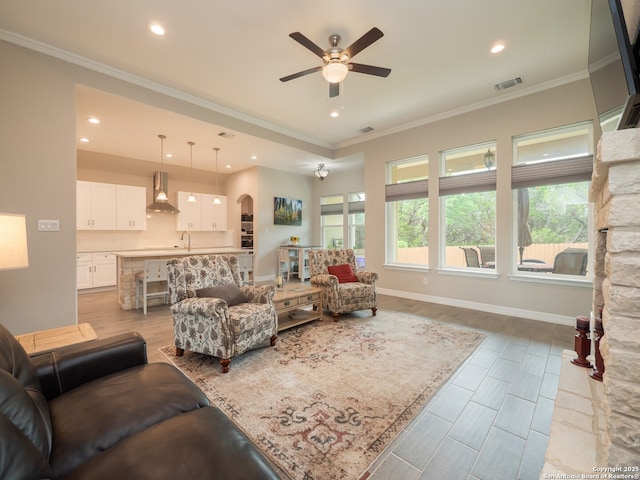 1006 Rock Shelter, San Antonio, TX 78260 - living area featuring healthy amount of natural light, a ceiling fan, arched walkways, crown molding, and recessed lighting