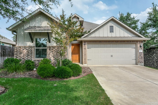 10250 Bricewood Pl, San Antonio, TX 78254 - view of front facade featuring brick siding, an attached garage, driveway, and board and batten siding