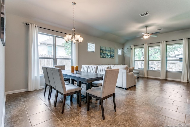 10250 Bricewood Pl, San Antonio, TX 78254 - dining area featuring healthy amount of natural light, baseboards, a ceiling fan, and lofted ceiling