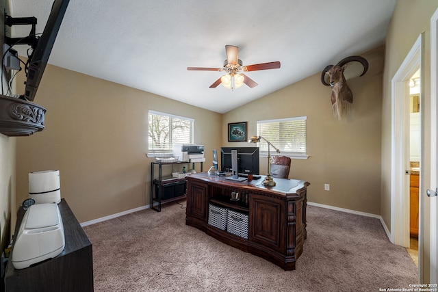 11301 Ford, Adkins, TX 78101 - office area featuring ceiling fan, plenty of natural light, light colored carpet, and lofted ceiling