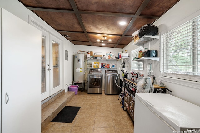 11301 Ford, Adkins, TX 78101 - kitchen featuring separate washer and dryer, water heater, open shelves, coffered ceiling, and white fridge