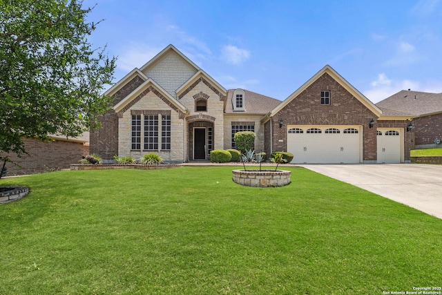 12234 Prince Solms, San Antonio, TX 78253 - french country style house featuring driveway, stone siding, a garage, and a front lawn