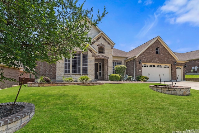 12234 Prince Solms, San Antonio, TX 78253 - french country inspired facade with an attached garage, stone siding, a front lawn, and concrete driveway