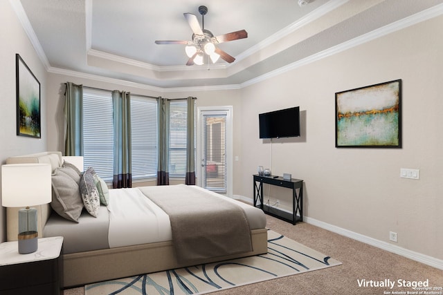 12234 Prince Solms, San Antonio, TX 78253 - bedroom with carpet floors, a tray ceiling, crown molding, baseboards, and a ceiling fan
