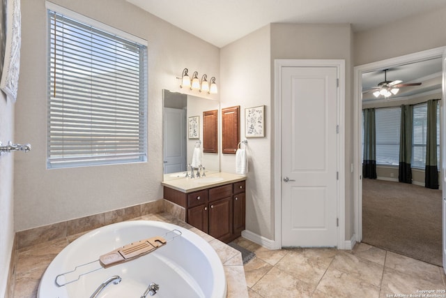 12234 Prince Solms, San Antonio, TX 78253 - bathroom with a bath, vanity, and ceiling fan