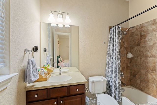 12234 Prince Solms, San Antonio, TX 78253 - full bathroom featuring a textured wall, toilet, vanity, and shower / bath combo with shower curtain