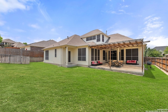 12234 Prince Solms, San Antonio, TX 78253 - rear view of house featuring a pergola, an outdoor living space, a patio area, and roof with shingles