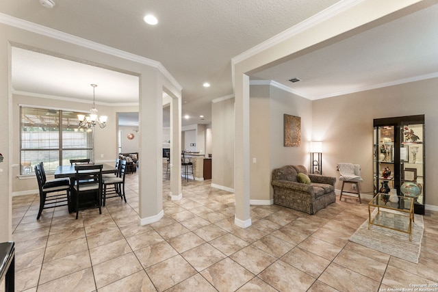 12234 Prince Solms, San Antonio, TX 78253 - living area featuring ornamental molding, a chandelier, baseboards, light tile patterned flooring, and recessed lighting