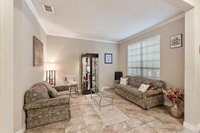 12234 Prince Solms, San Antonio, TX 78253 - living room with crown molding, baseboards, and light tile patterned floors
