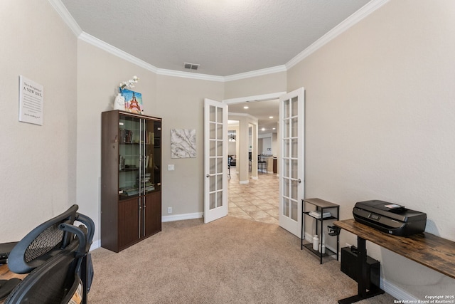 12234 Prince Solms, San Antonio, TX 78253 - office space featuring french doors, crown molding, a textured ceiling, light colored carpet, and baseboards