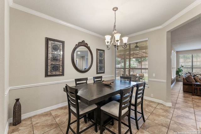 12234 Prince Solms, San Antonio, TX 78253 - dining area featuring crown molding, light tile patterned flooring, a chandelier, and baseboards