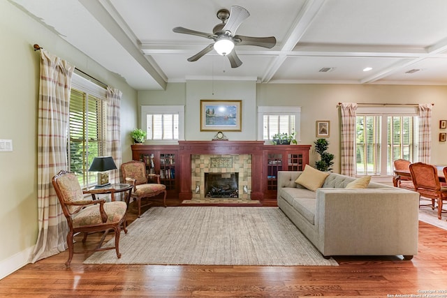 207 Queen Anne, San Antonio, TX 78209 - living area with coffered ceiling, healthy amount of natural light, wood finished floors, a fireplace, and a ceiling fan