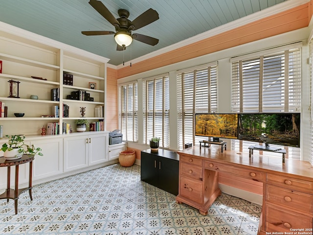 207 Queen Anne, San Antonio, TX 78209 - office with a ceiling fan, light flooring, and crown molding