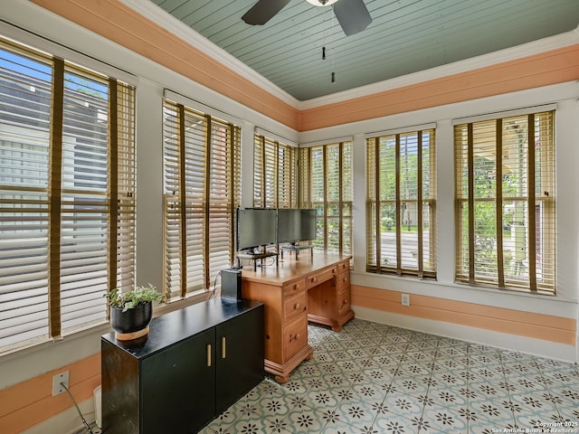 207 Queen Anne, San Antonio, TX 78209 - home office featuring ceiling fan, light floors, baseboards, and crown molding