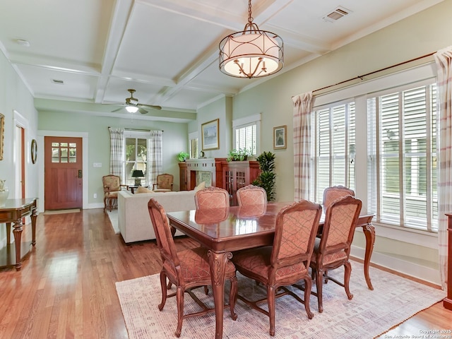 207 Queen Anne, San Antonio, TX 78209 - dining room with healthy amount of natural light, light wood-type flooring, coffered ceiling, beam ceiling, and baseboards