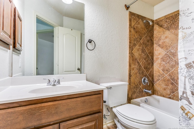 1002 Alpine Pond, San Antonio, TX 78260 - full bathroom featuring a textured wall, shower / bath combo with shower curtain, vanity, and toilet
