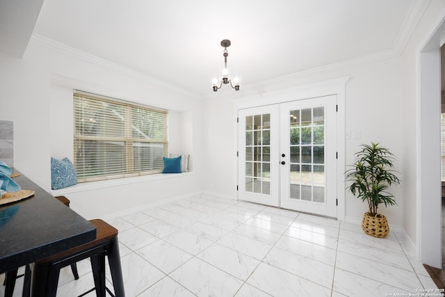 14613 Hook Dr, San Antonio, TX 78231 - dining room with ornamental molding, french doors, a chandelier, marble look tile flooring, and baseboards