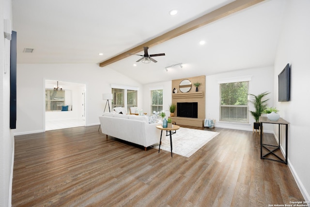 14613 Hook Dr, San Antonio, TX 78231 - living room with wood finished floors, a ceiling fan, baseboards, recessed lighting, and a large fireplace