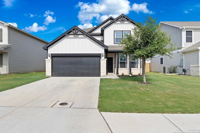 809 Altapass Hls, Seguin, TX 78155 - view of front of property with board and batten siding, central AC unit, a front yard, and driveway