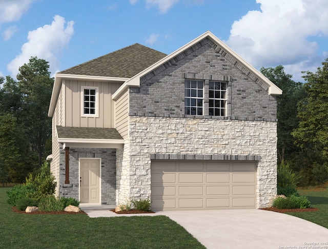 13722 Birch Xing, San Antonio, TX 78252 - view of front of property featuring board and batten siding, an attached garage, driveway, and a front lawn