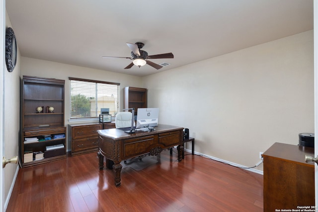 11106 Shetland Hls, San Antonio, TX 78254 - home office featuring ceiling fan, dark wood-style floors, and baseboards