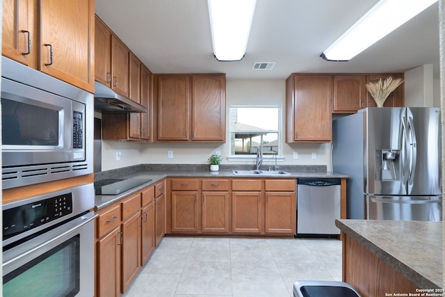 11106 Shetland Hls, San Antonio, TX 78254 - kitchen featuring stainless steel appliances, a sink, under cabinet range hood, and brown cabinetry