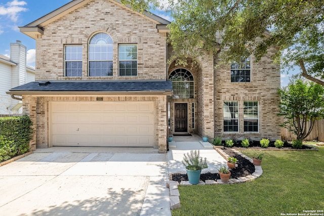 11106 Shetland Hls, San Antonio, TX 78254 - traditional-style home featuring brick siding, concrete driveway, a front lawn, and a garage