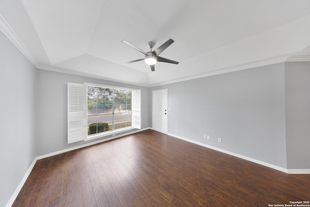 2611 Eisenhauer Unit 104A, San Antonio, TX 78209 - unfurnished room with a tray ceiling, dark wood finished floors, a ceiling fan, ornamental molding, and baseboards