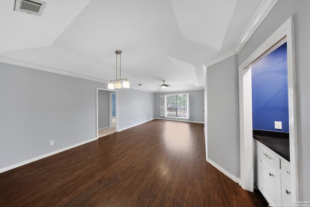 2611 Eisenhauer Unit 104A, San Antonio, TX 78209 - unfurnished living room featuring ornamental molding, dark wood-type flooring, ceiling fan, and baseboards