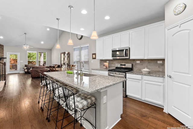 7635 Paraiso Crst, Boerne, TX 78015 - kitchen featuring stainless steel appliances, a sink, an island with sink, backsplash, and dark wood-type flooring