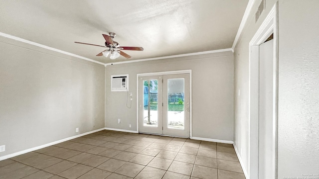 103 Pollydale Ave, San Antonio, TX 78223 - tiled empty room featuring a ceiling fan, crown molding, a wall mounted air conditioner, and baseboards