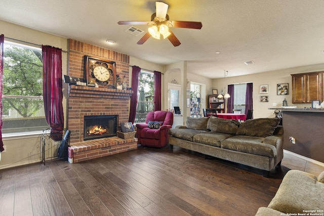 738 Daisy Xing, San Antonio, TX 78245 - living area featuring a fireplace, plenty of natural light, wood finished floors, and a ceiling fan