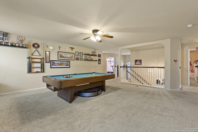 738 Daisy Xing, San Antonio, TX 78245 - rec room with carpet floors, a ceiling fan, pool table, baseboards, and a textured ceiling