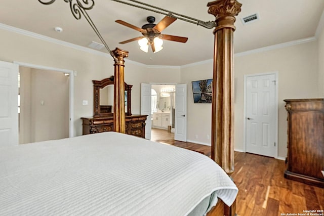 26223 Cuyahoga Cir, San Antonio, TX 78260 - bedroom with ornamental molding, wood finished floors, baseboards, connected bathroom, and a ceiling fan