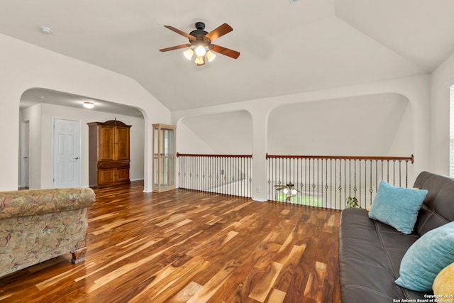 26223 Cuyahoga Cir, San Antonio, TX 78260 - sitting room with lofted ceiling, a ceiling fan, wood finished floors, and arched walkways