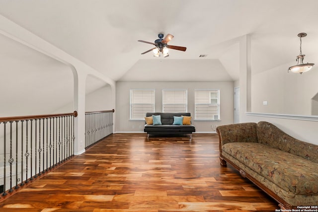 26223 Cuyahoga Cir, San Antonio, TX 78260 - living area with ceiling fan, wood finished floors, lofted ceiling, and baseboards