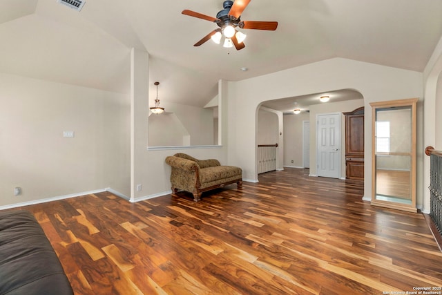 26223 Cuyahoga Cir, San Antonio, TX 78260 - unfurnished room with arched walkways, lofted ceiling, ceiling fan, wood finished floors, and an upstairs landing
