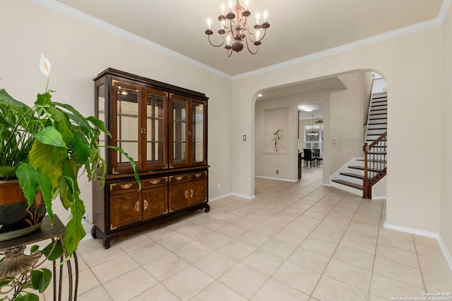 26223 Cuyahoga Cir, San Antonio, TX 78260 - foyer entrance with arched walkways, a chandelier, light tile patterned floors, stairs, and ornamental molding