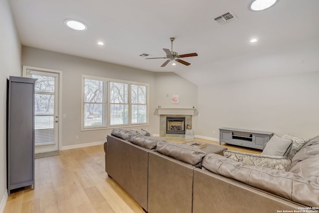 154 Roseheart, San Antonio, TX 78259 - living area with a ceiling fan, baseboards, a tile fireplace, light wood-type flooring, and recessed lighting
