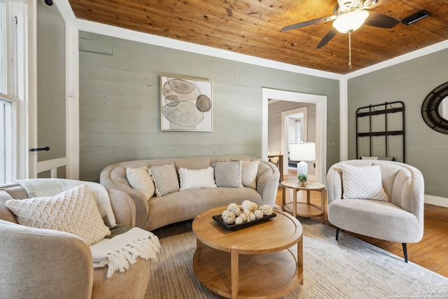 1023 Gramercy, San Antonio, TX 78201 - living room featuring wood ceiling, wood finished floors, ceiling fan, and wood walls