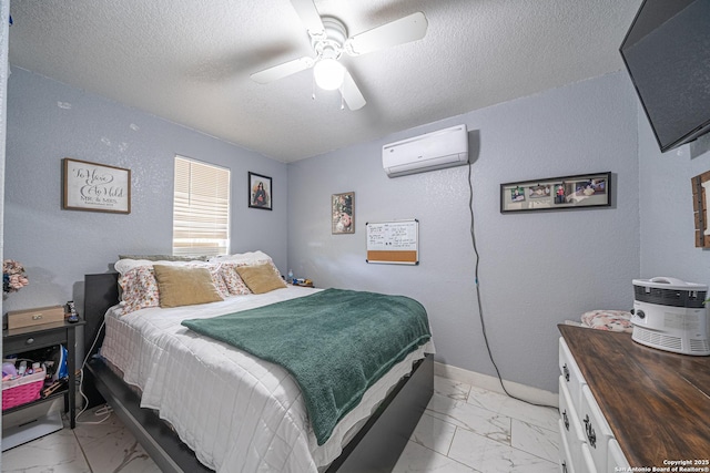 23135 Blackjack Pass, San Antonio, TX 78264 - bedroom featuring light marble finish flooring, an AC wall unit, a textured ceiling, ceiling fan, and baseboards