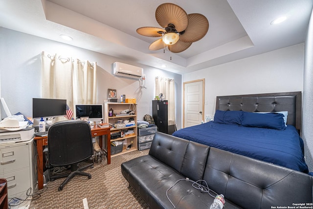 23135 Blackjack Pass, San Antonio, TX 78264 - bedroom with a wall mounted air conditioner, carpet flooring, a raised ceiling, an office area, and ceiling fan