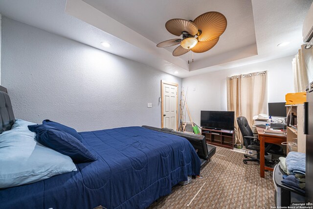 23135 Blackjack Pass, San Antonio, TX 78264 - bedroom with a tray ceiling, carpet, a textured wall, a desk, and recessed lighting